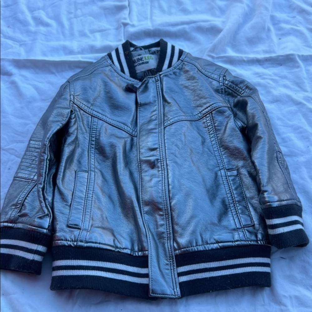 Vintage Oshkosh Genuine KIDS Metallic Silver Bomber Varsity Jacket Striped Cuffs